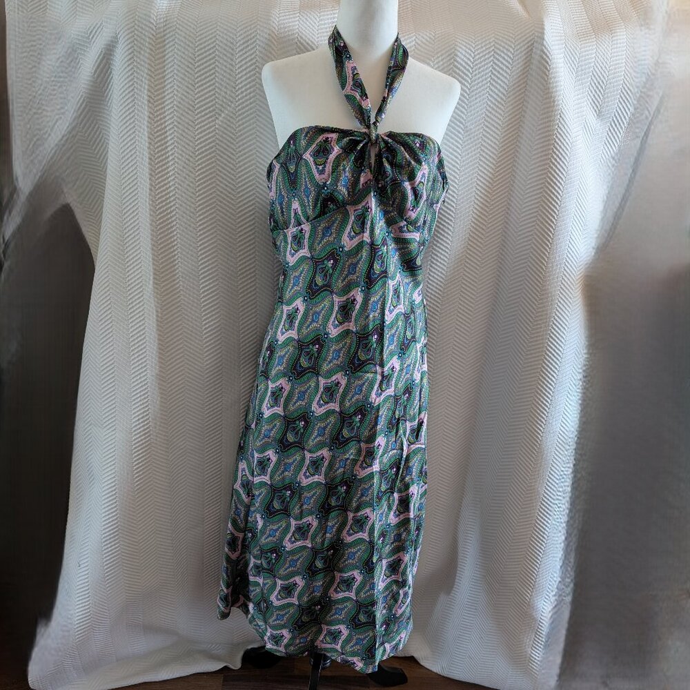 Laundry by Shelli Segal Silk Midi Dress Halter Paisley Purple Green Boho Size 12